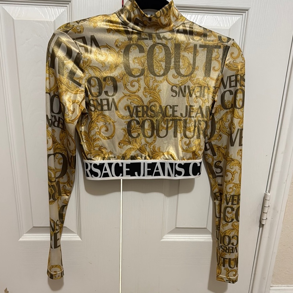 Versace Jeans Collection Gold Tan Graphic Crop Bodysuit